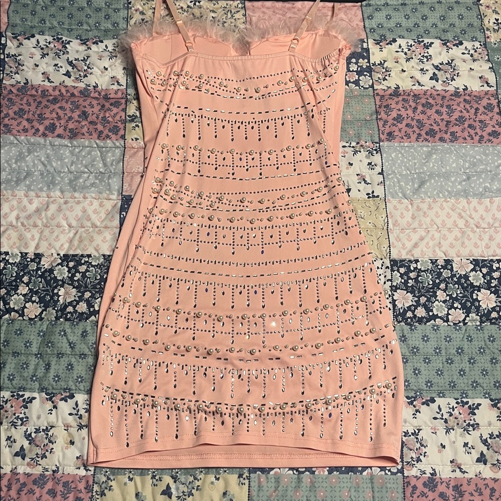 Source Unknown Peach Strapless Feather-Trim Rhine… - image 2